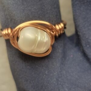 Elegant Pearl and Copper Wire Wrapped Ring